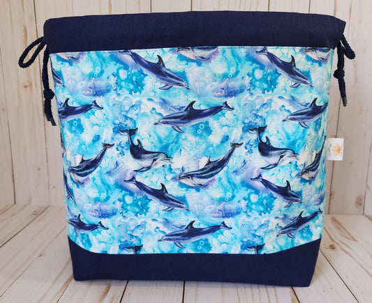 Dolphins Navy Large Drawstring Project Bag