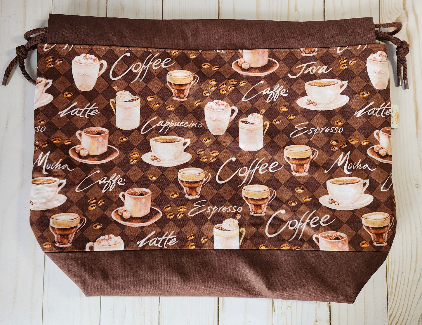 Coffee Theme Dark Large Drawstring Project Bag