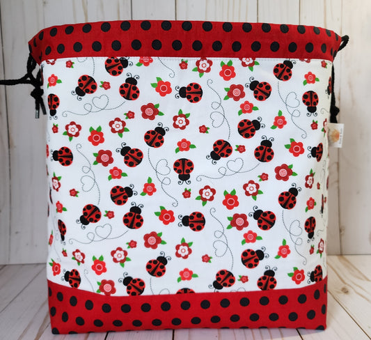 Ladybugs and Flowers Large Drawstring Project Bag
