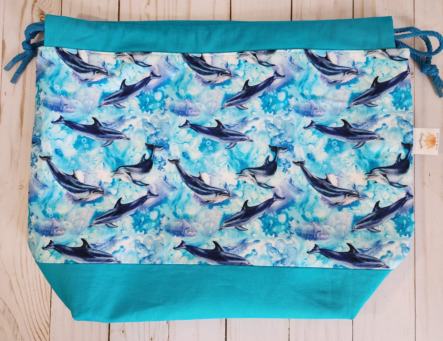 Dolphins Teal Large Drawstring Project Bag