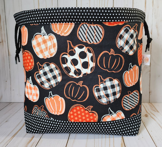 Dark Pumpkins and Polka Dots Large Drawstring Project Bag