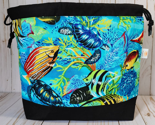 Tropical Fish and Turtle Large Drawstring Project Bag
