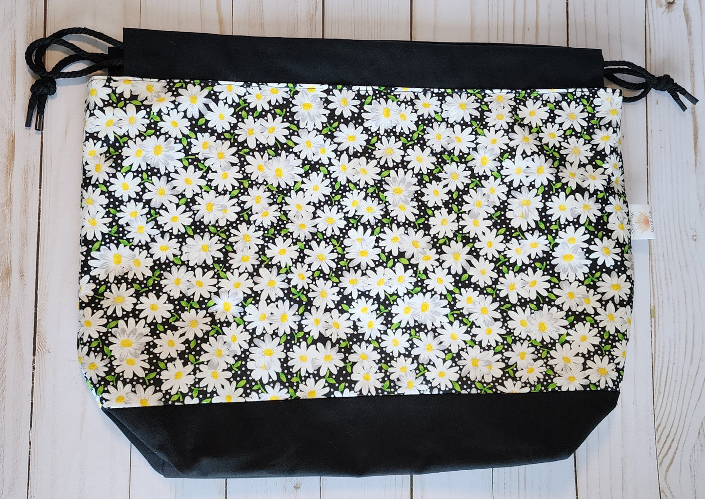 Daisy on Black Large Drawstring Project Bag