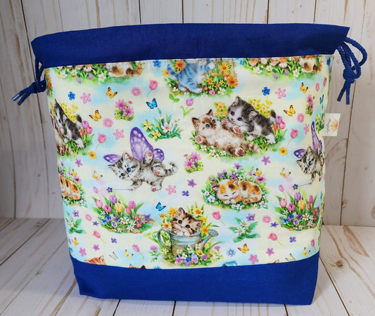 Kittens and Butterflies Blue Large Drawstring Project Bag