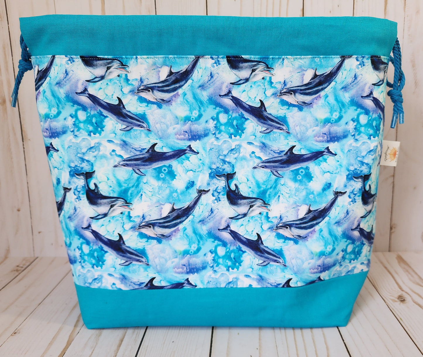 Dolphins Teal Large Drawstring Project Bag